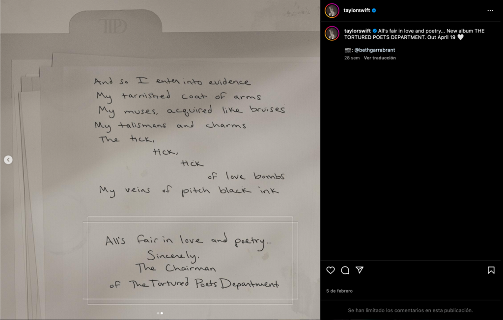 Fragmento de un poema manuscrito por Taylor Swift que publicó en Instagram tras anunciar el lanzamiento de TTPD como presentación del disco y apertura de la nueva era.